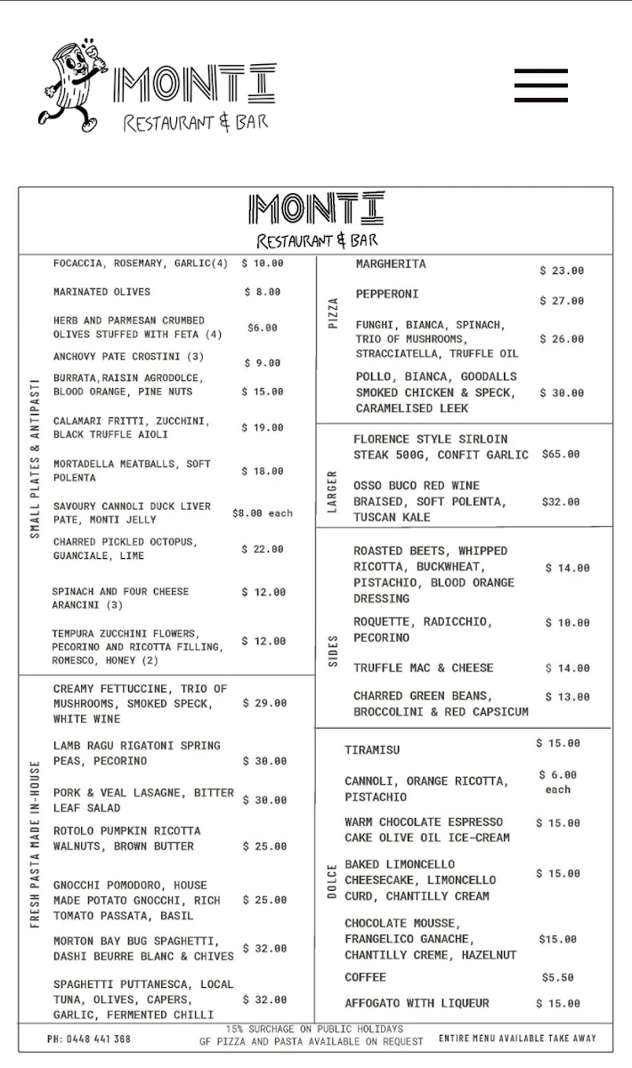 Menu, Bar Monti
