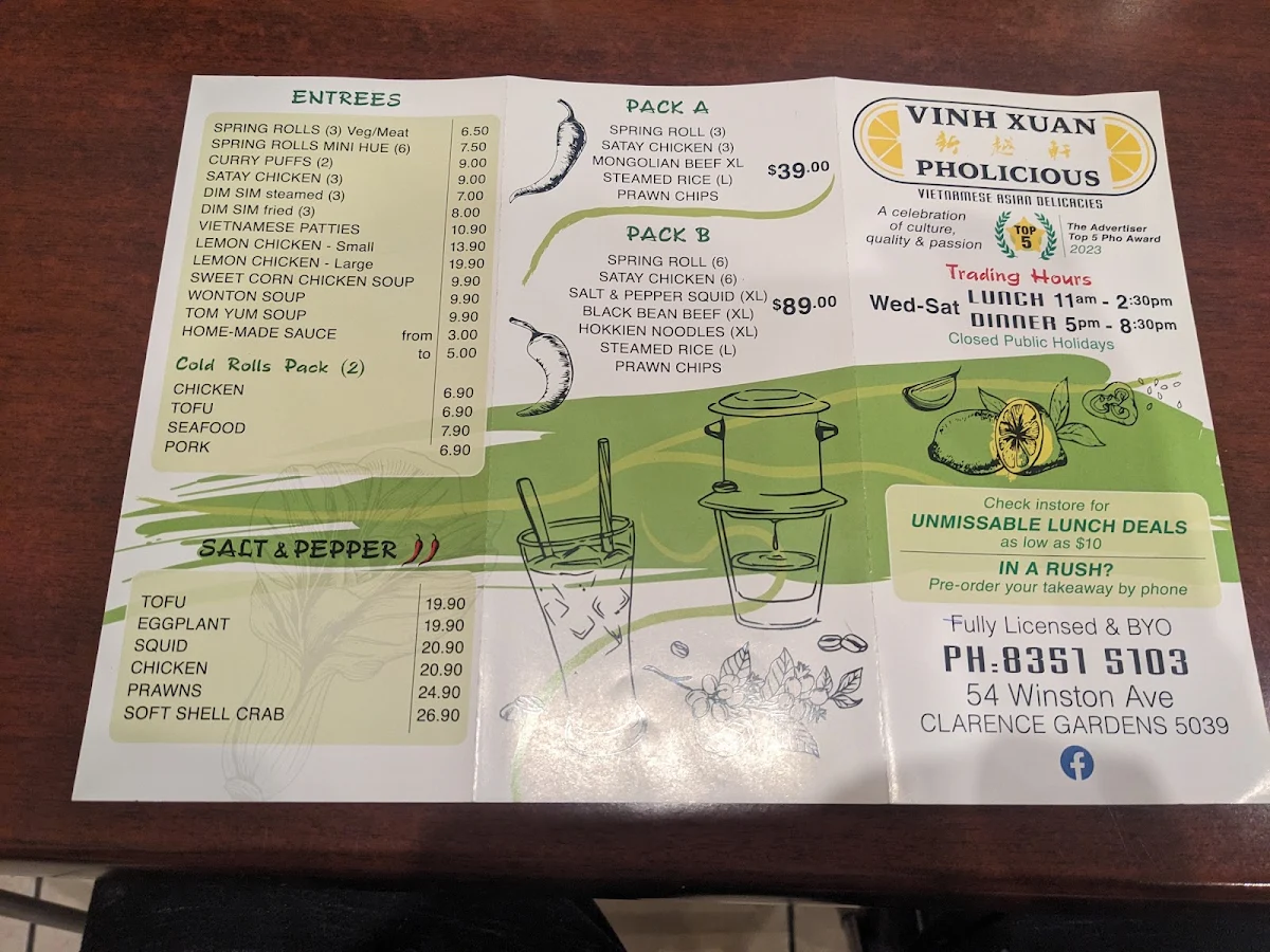Menu, Vinh Xuan Pholicious