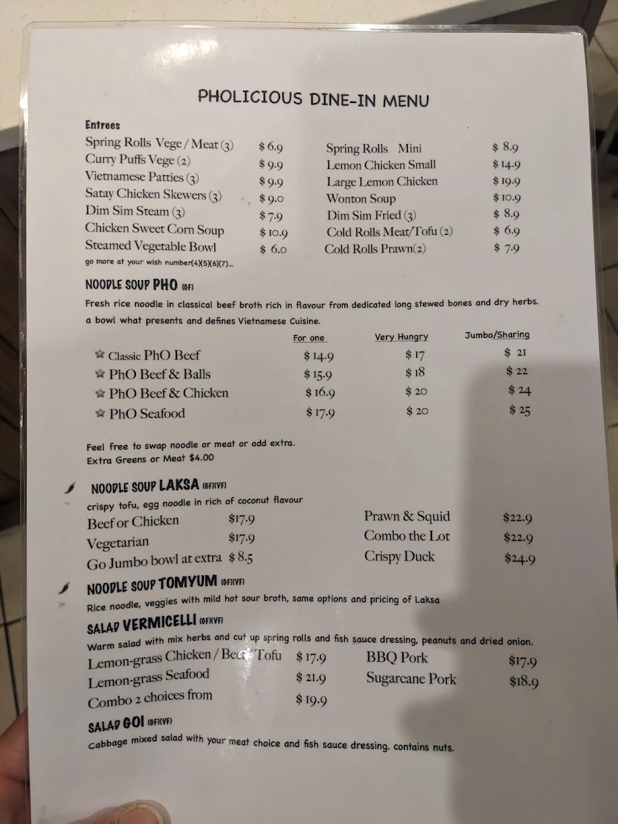 Menu, Vinh Xuan Pholicious