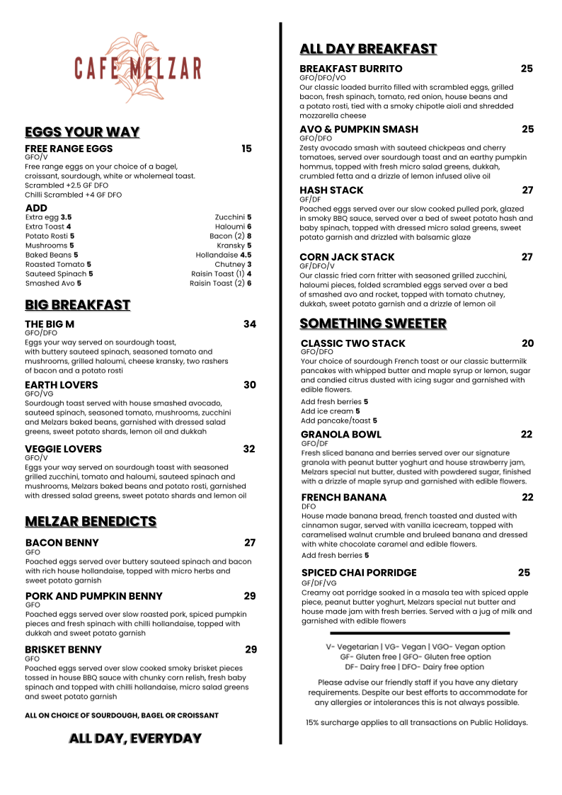 Menu, Cafe Melzar