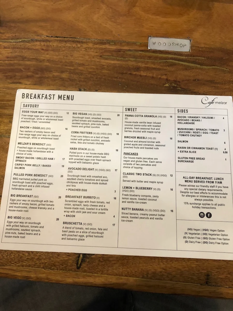 Menu, Cafe Melzar