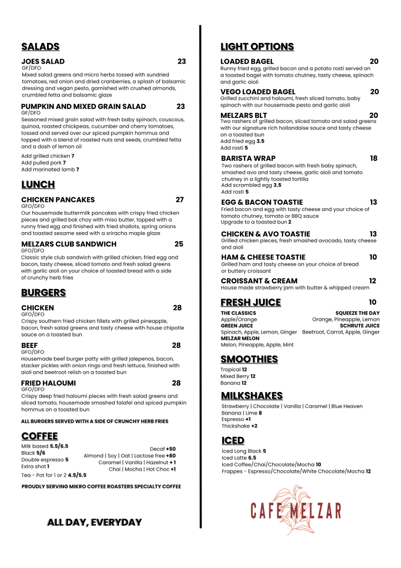 Menu, Cafe Melzar
