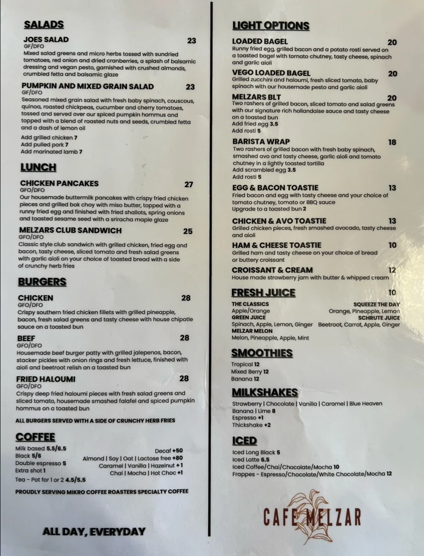 Menu, Cafe Melzar