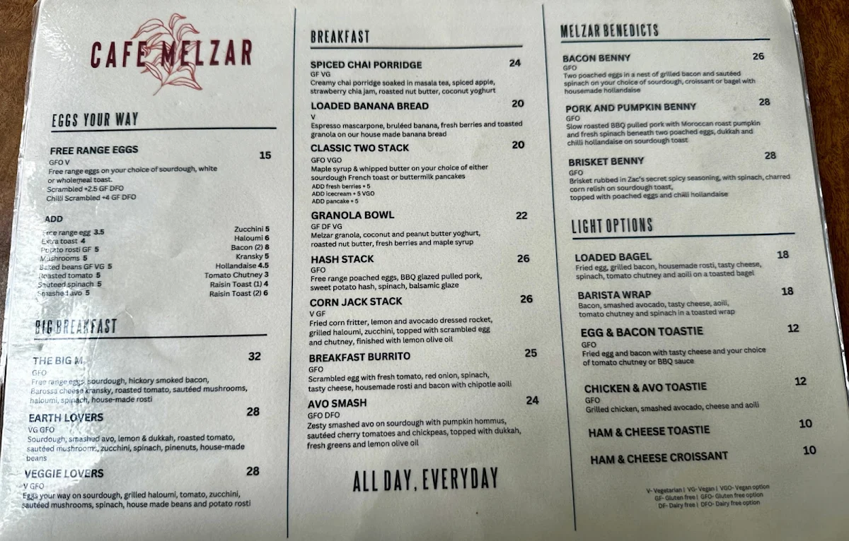 Menu, Cafe Melzar
