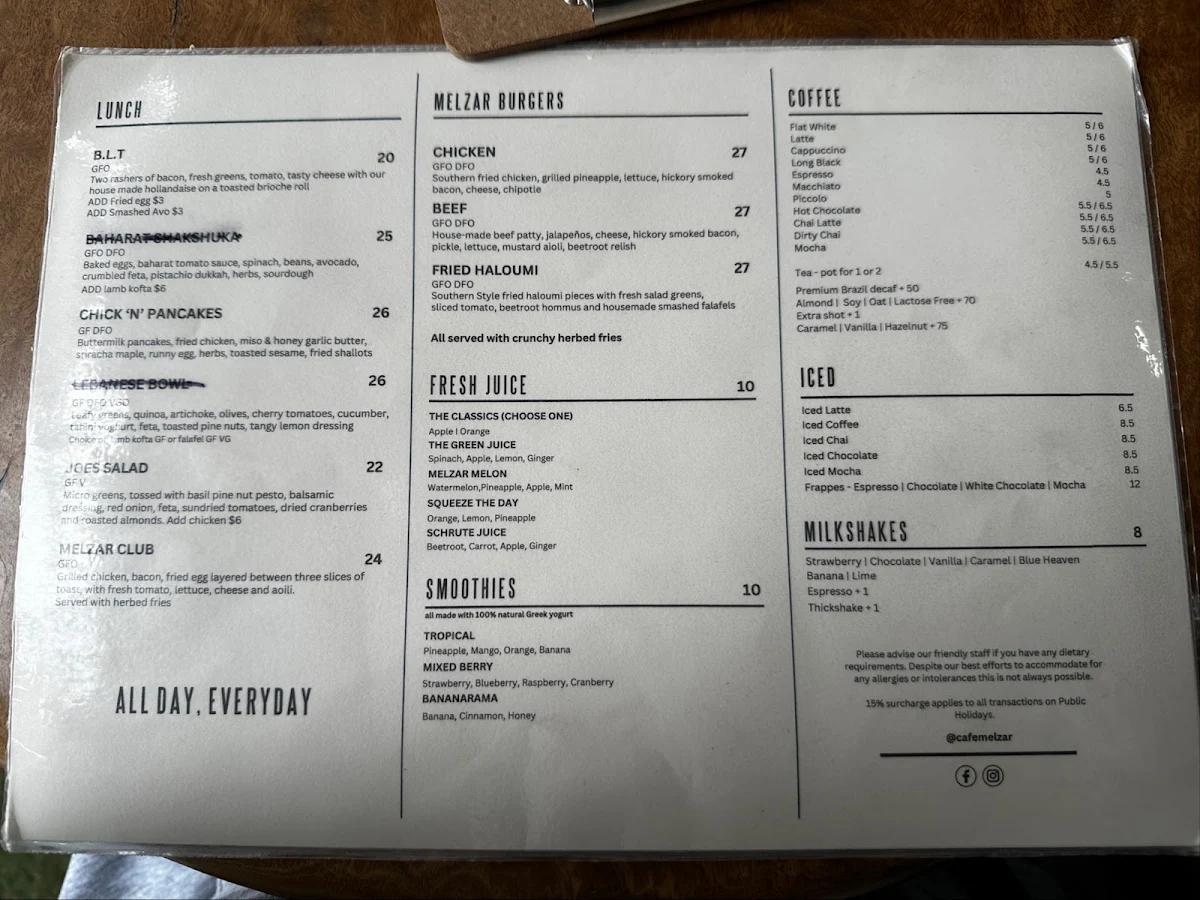 Menu, Cafe Melzar