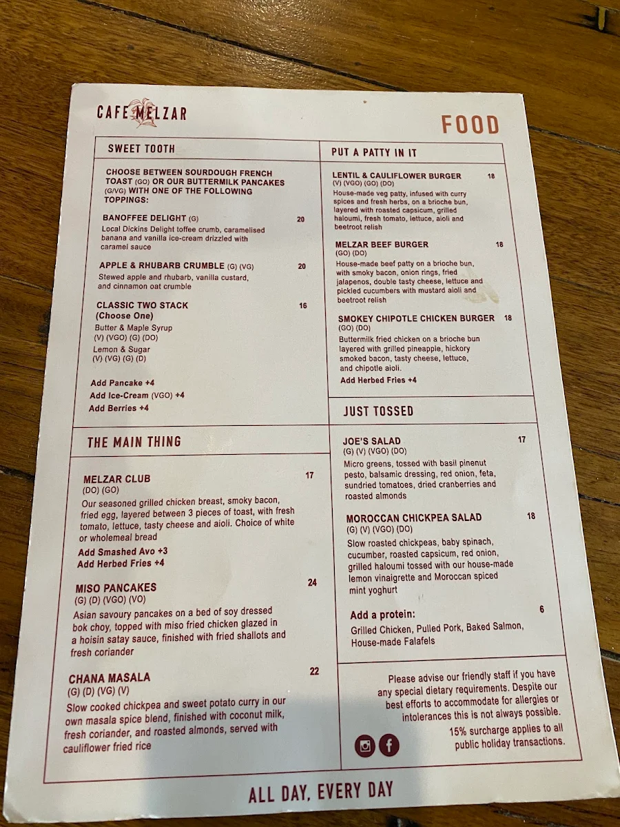 Menu, Cafe Melzar