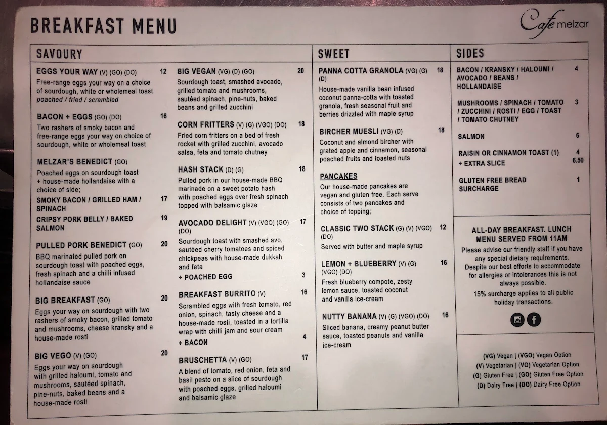Menu, Cafe Melzar