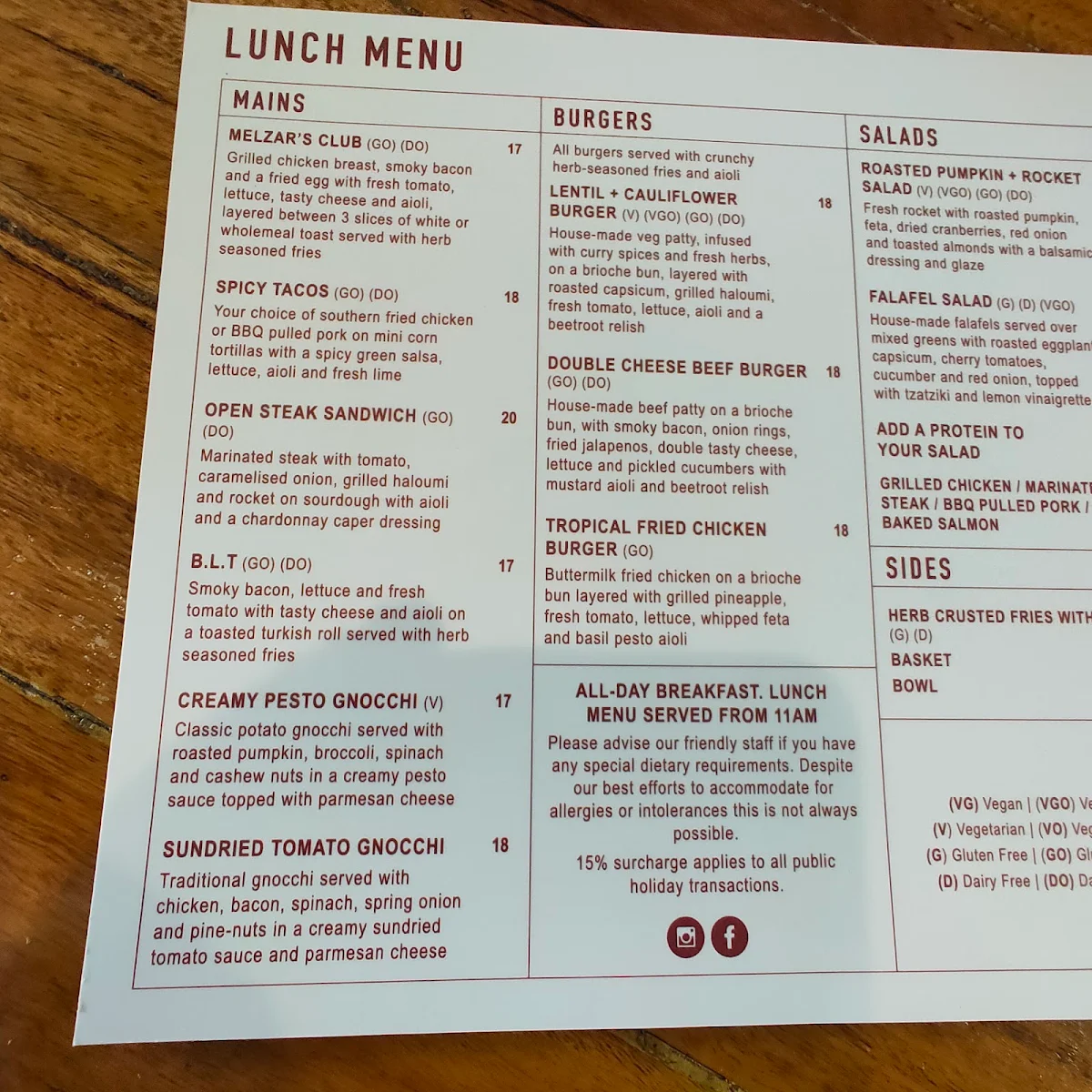 Menu, Cafe Melzar