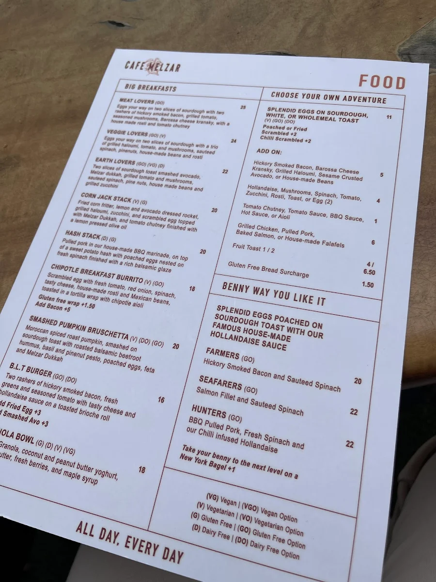 Menu, Cafe Melzar