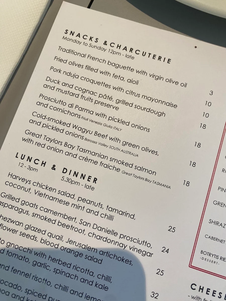 Menu, Harveys
