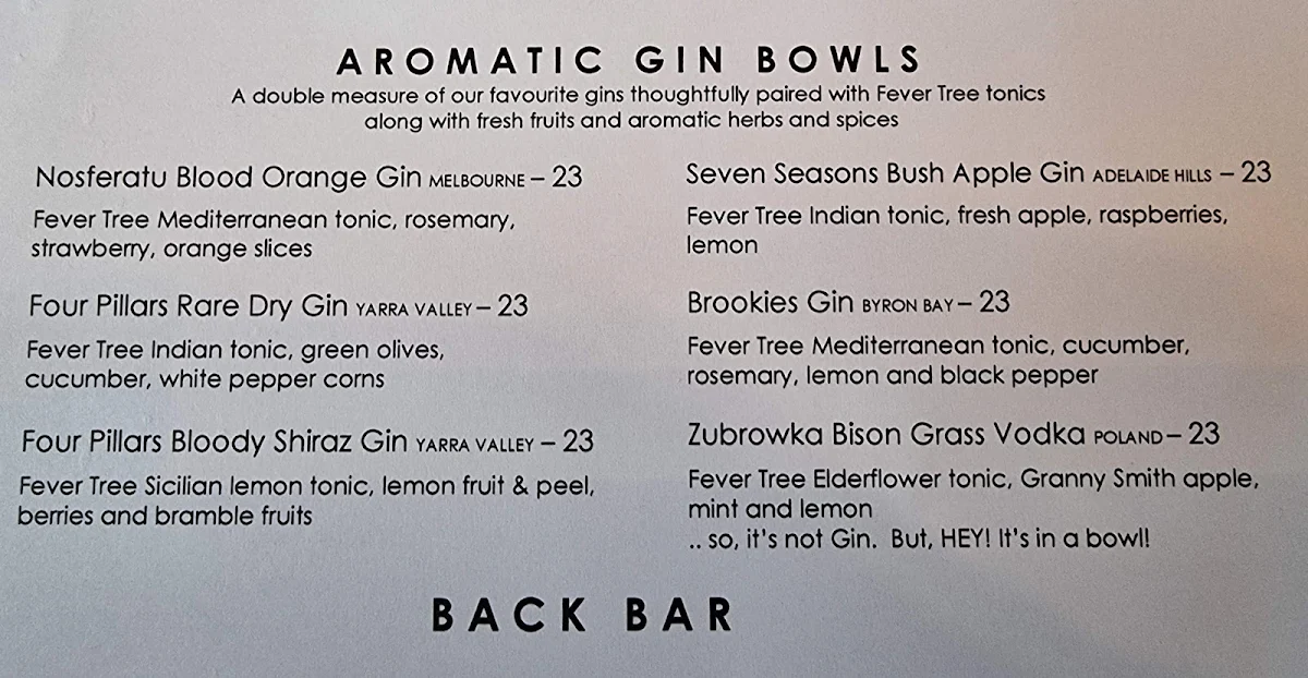 Menu, Harveys