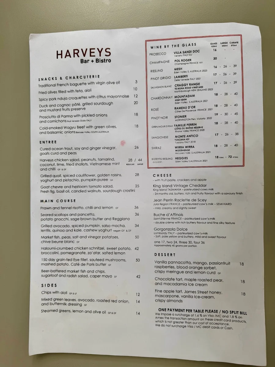 Menu, Harveys