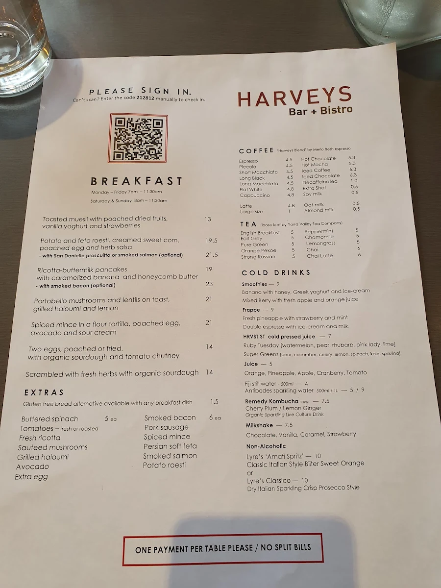 Menu, Harveys