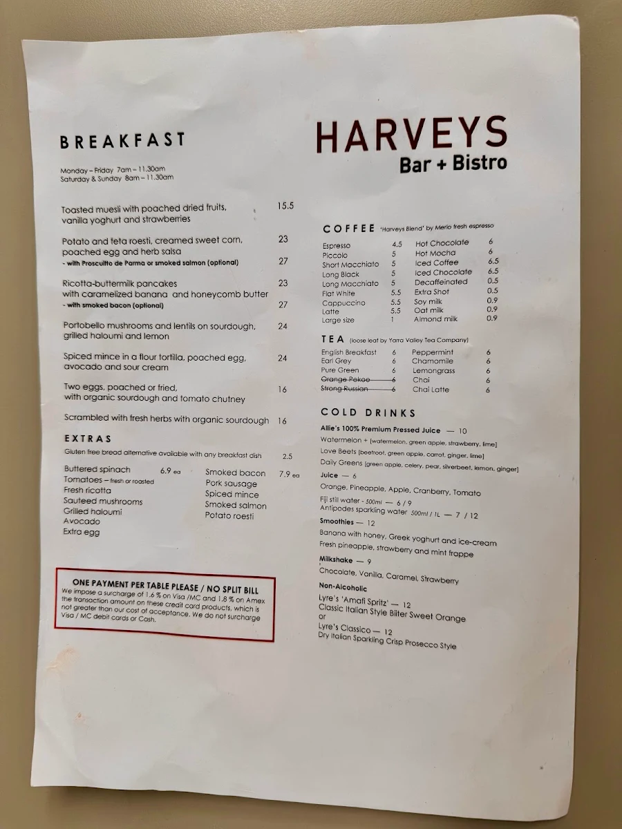 Menu, Harveys