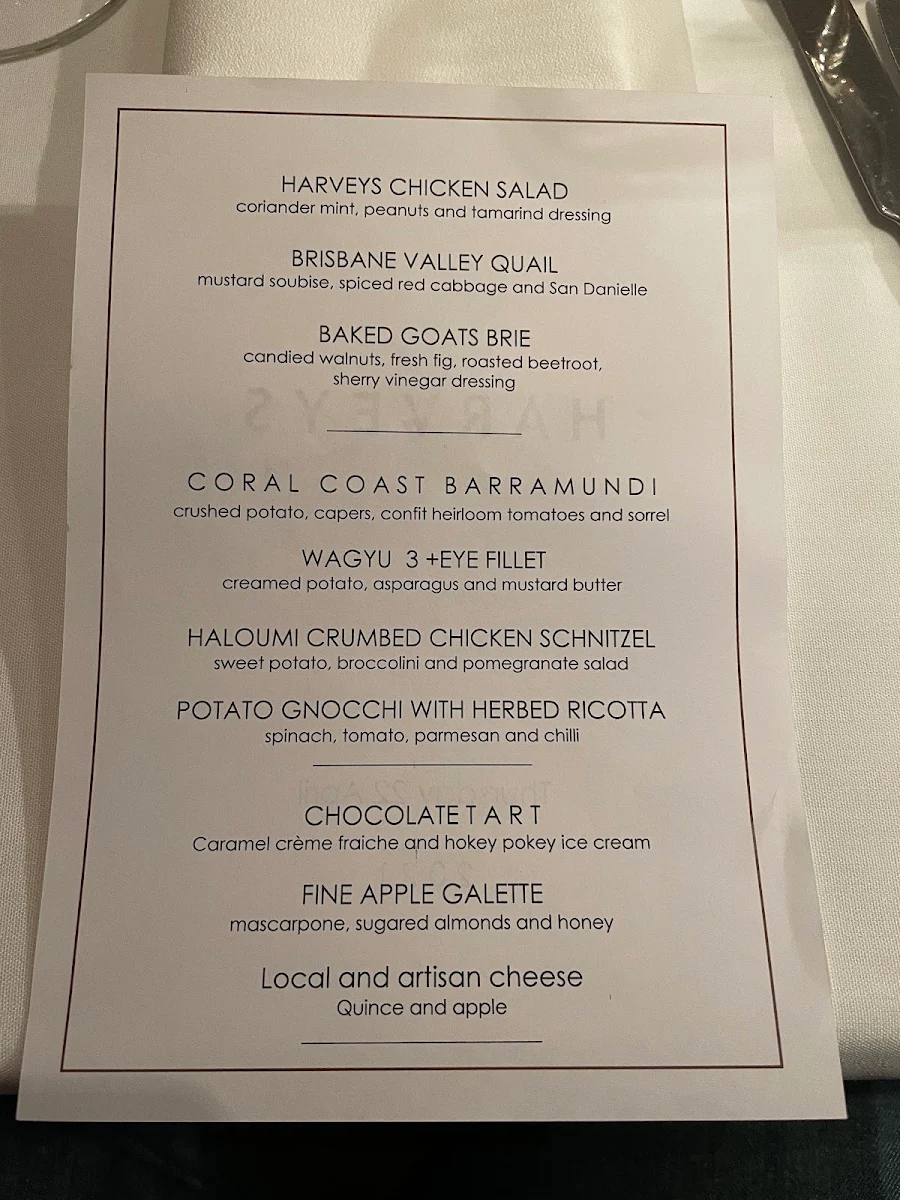Menu, Harveys