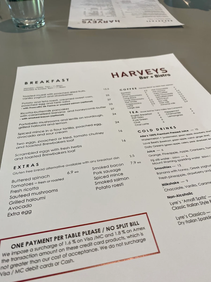 Menu, Harveys