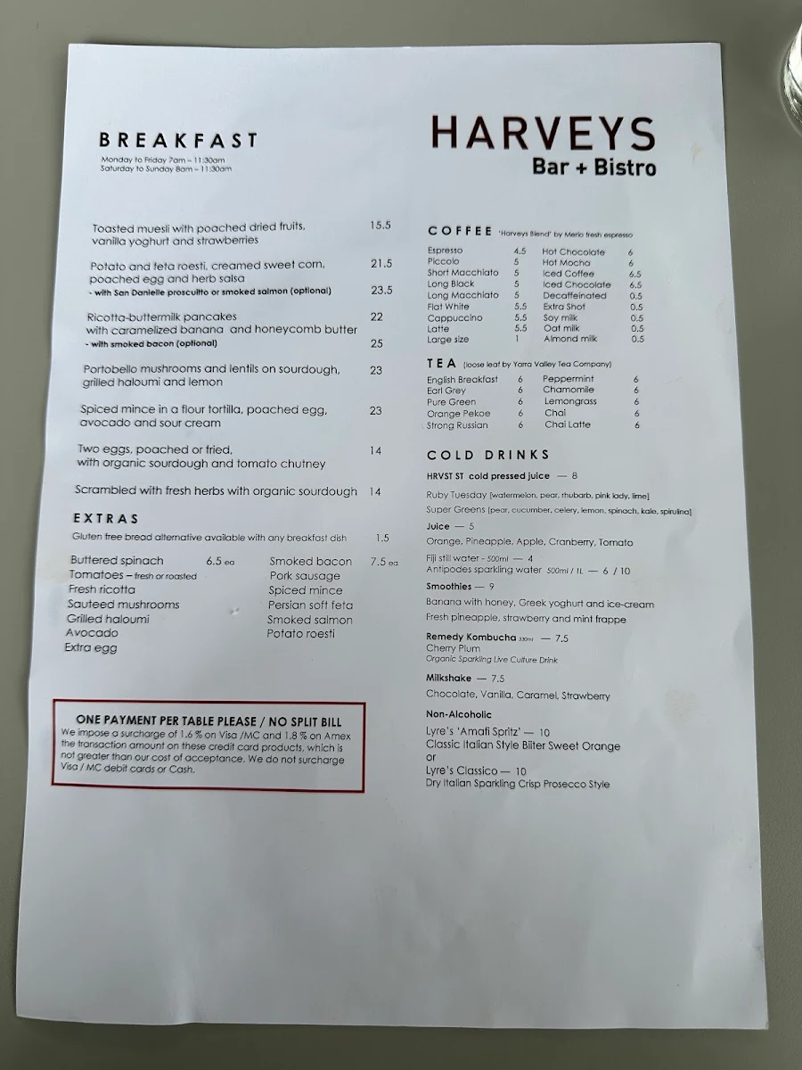 Menu, Harveys