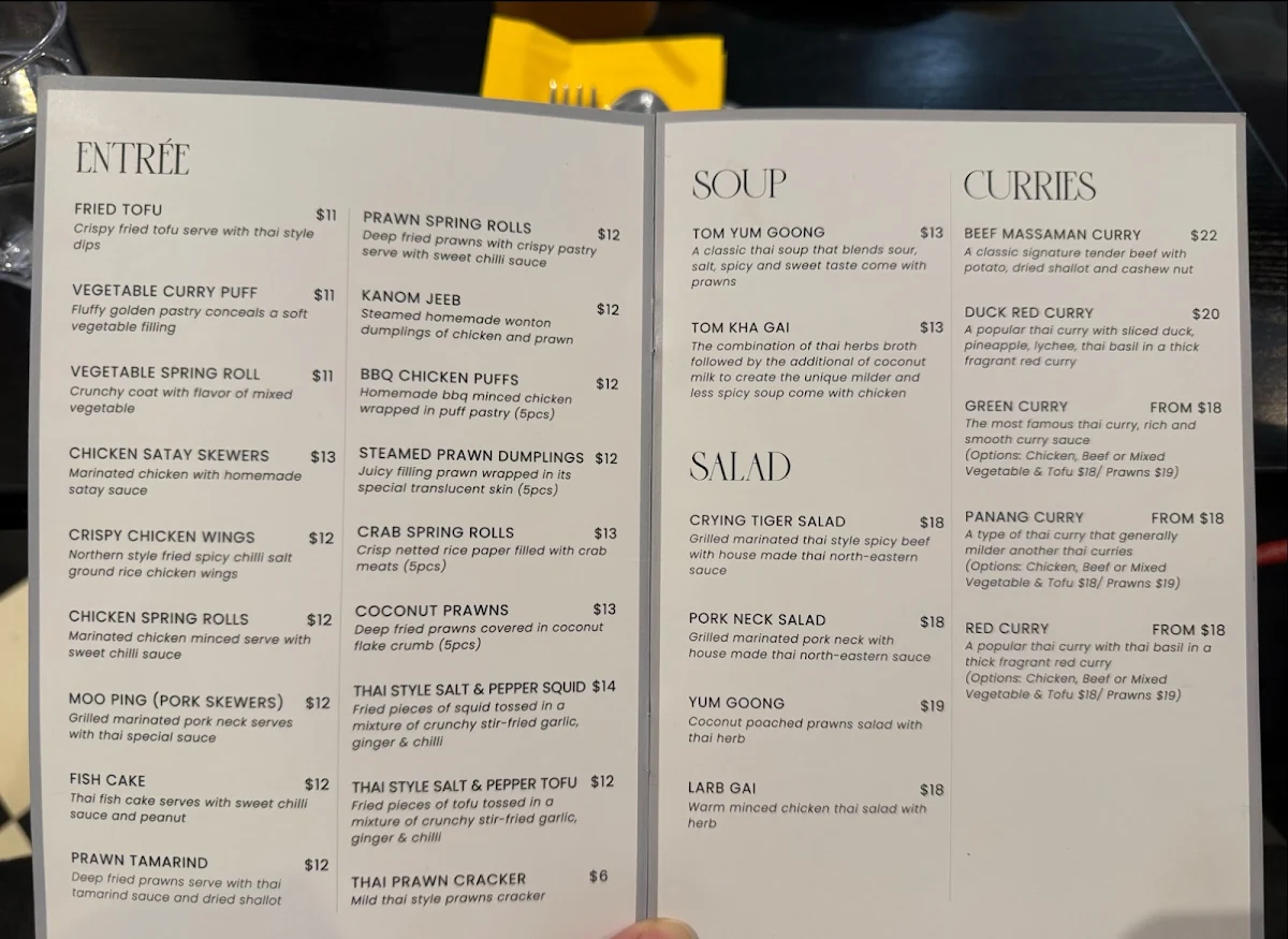 Menu, Pimm Thai Cafe
