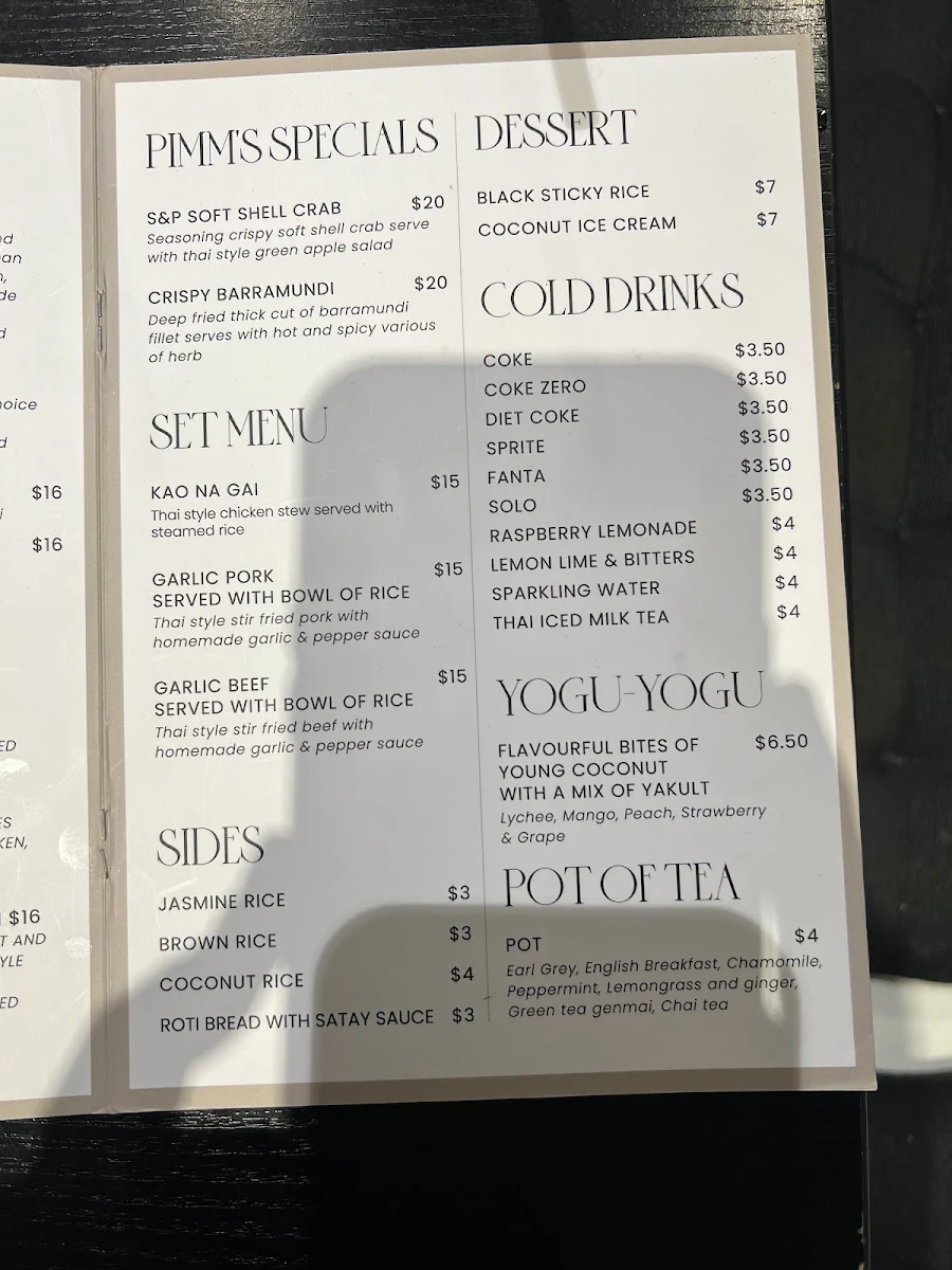 Menu, Pimm Thai Cafe
