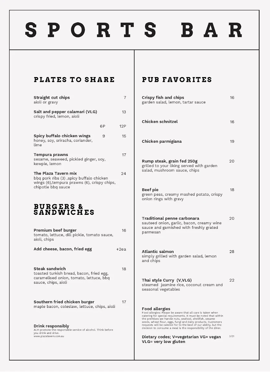 Menu, Plaza Tavern