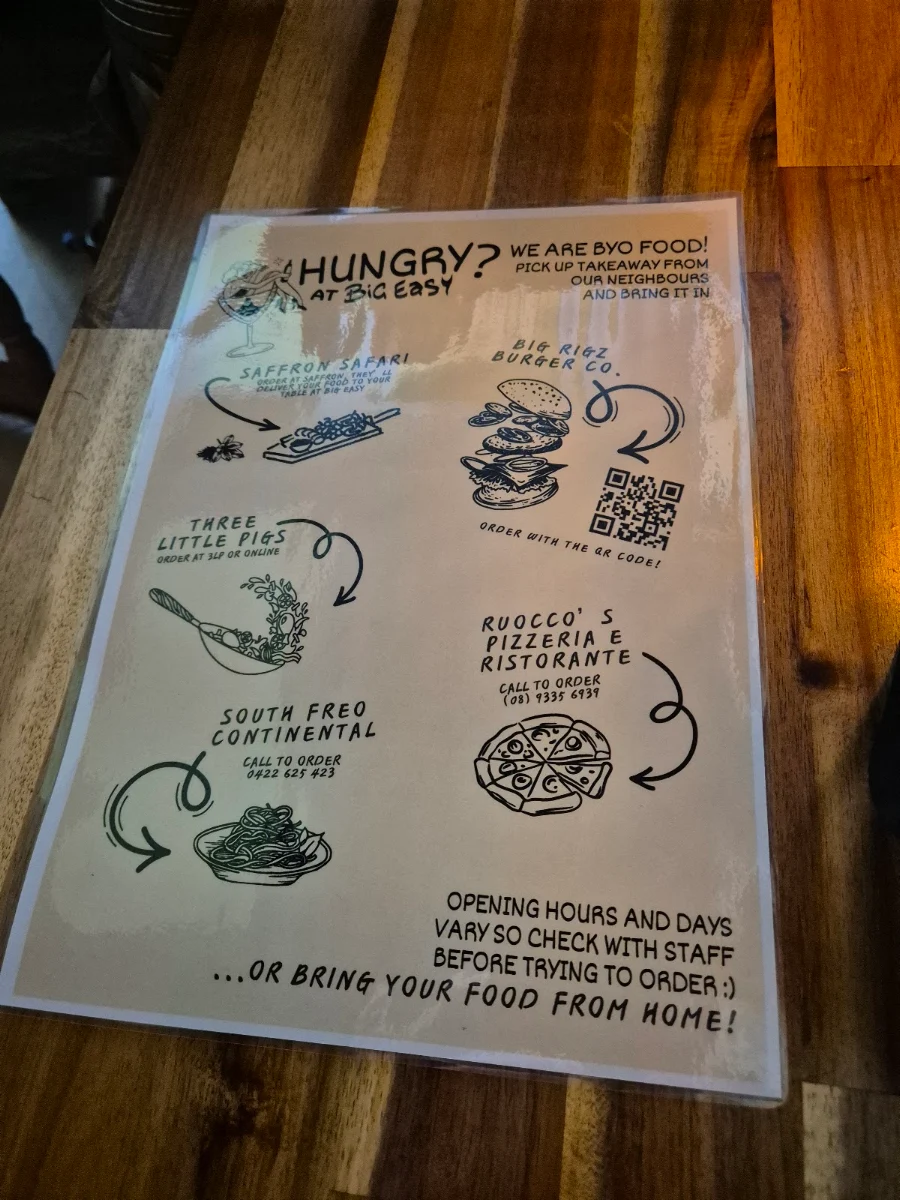 Menu, Big Easy South Freo