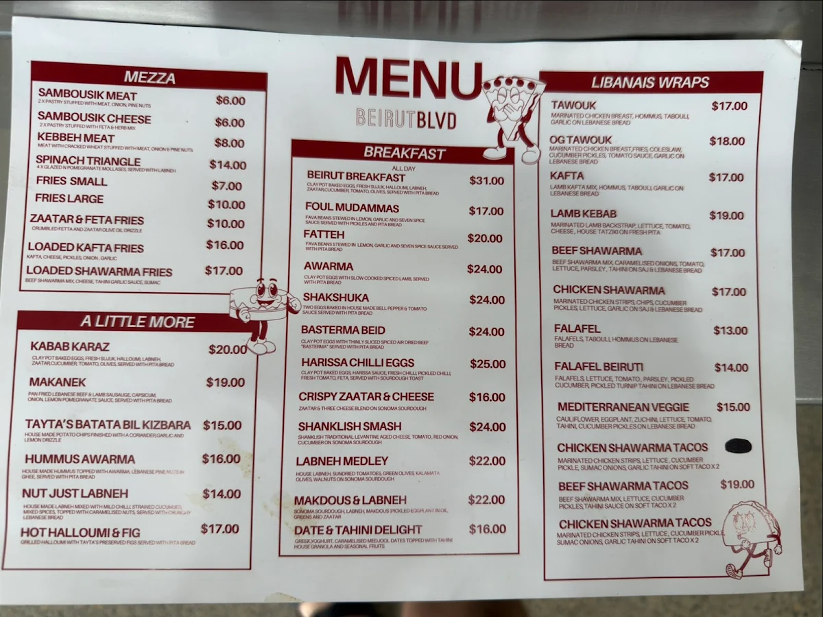 Menu, Beirut Boulevarde