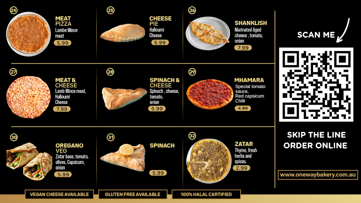 Menu, OneWay Lebanese Bakery