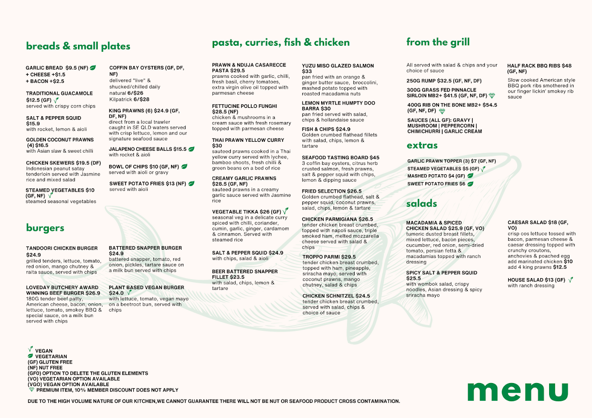Menu, North Burleigh Surf Life Saving Supporters Club