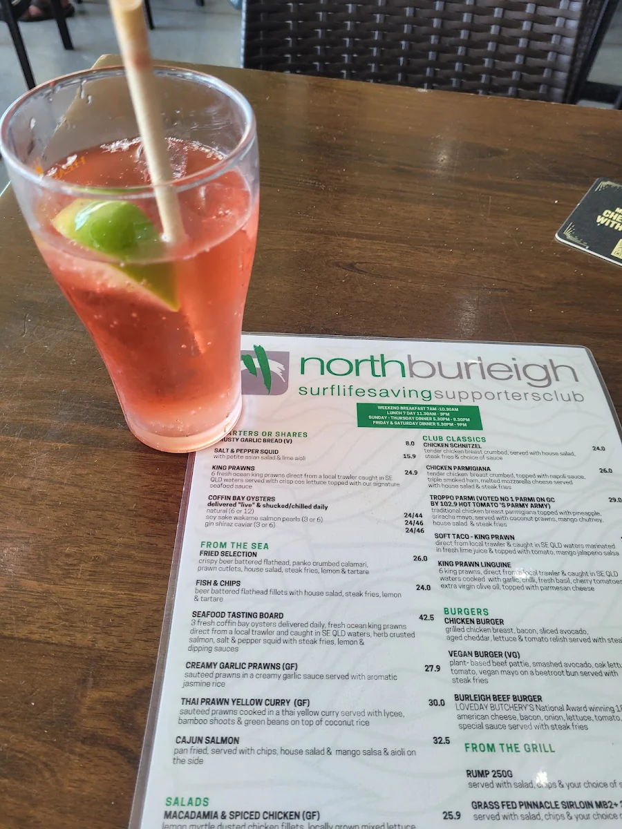 Menu, North Burleigh Surf Life Saving Supporters Club
