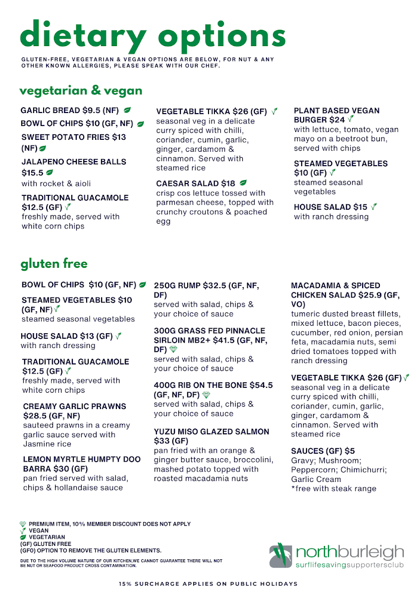 Menu, North Burleigh Surf Life Saving Supporters Club