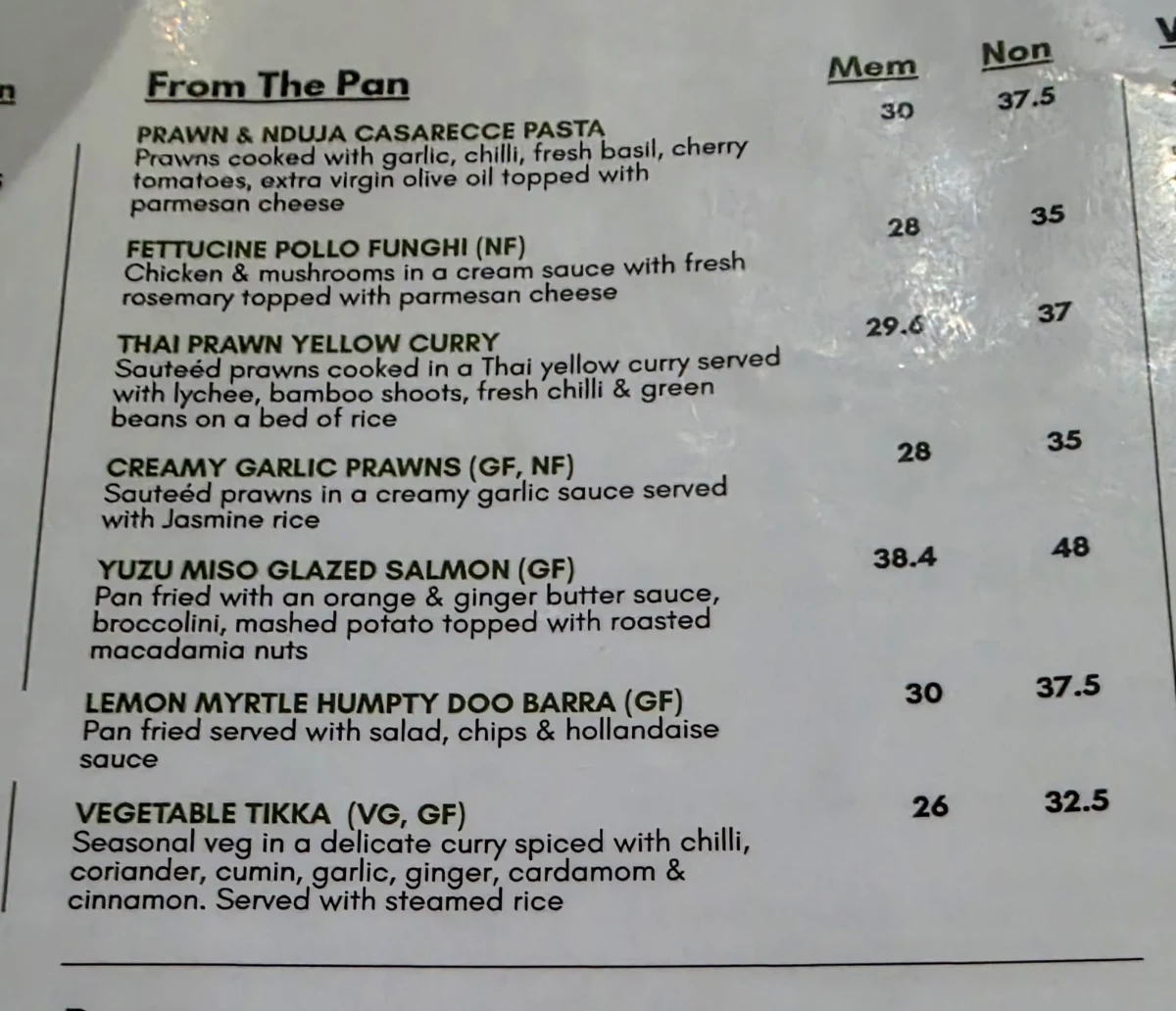 Menu, North Burleigh Surf Life Saving Supporters Club
