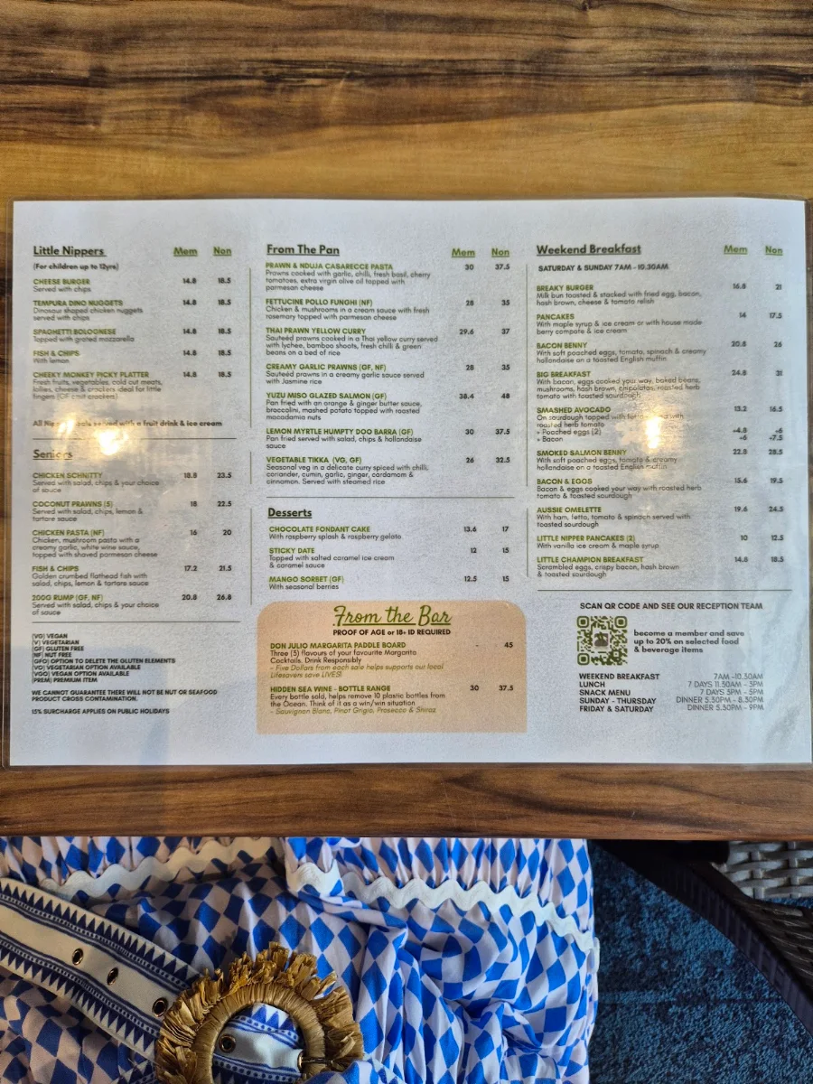 Menu, North Burleigh Surf Life Saving Supporters Club