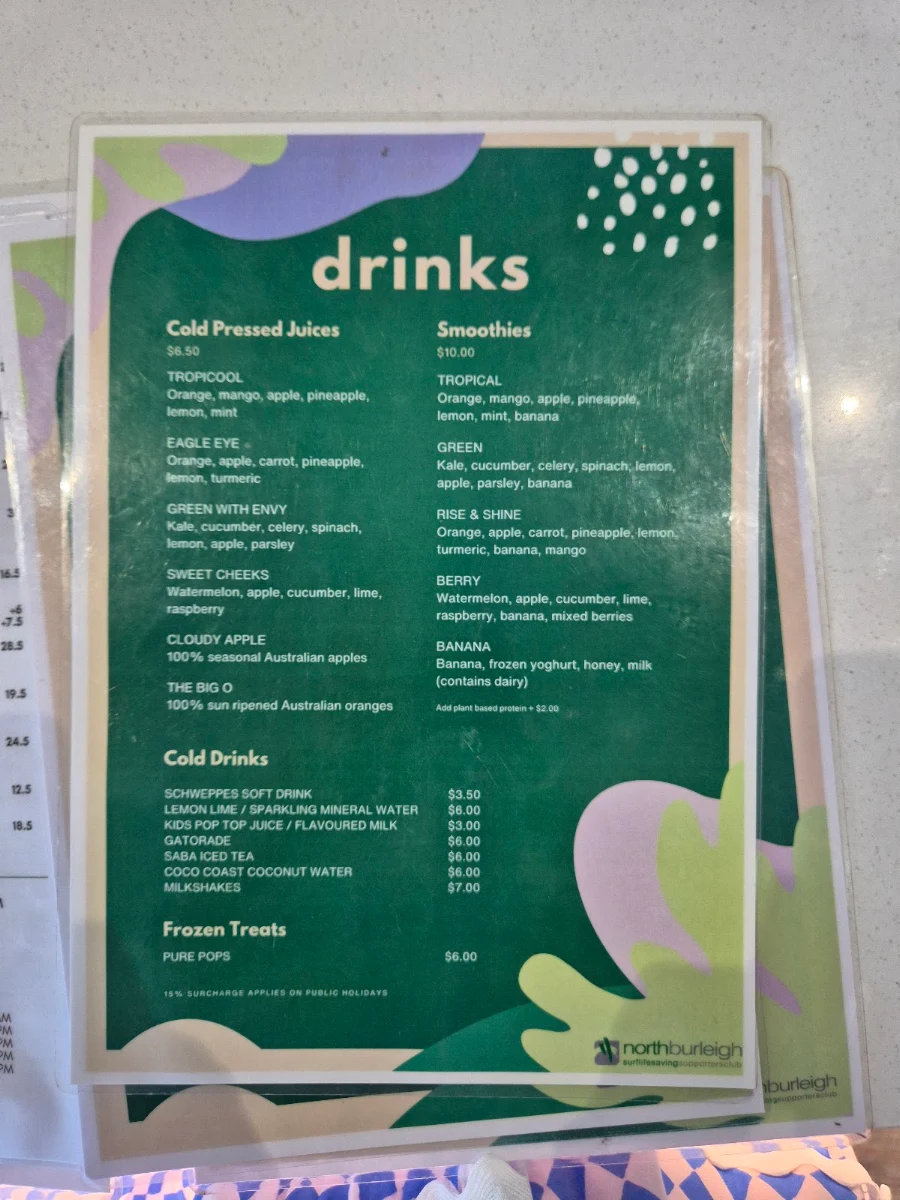 Menu, North Burleigh Surf Life Saving Supporters Club