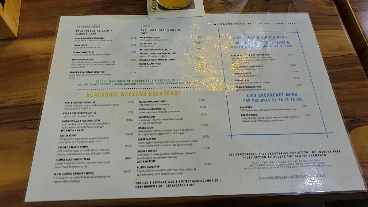 Menu, North Burleigh Surf Life Saving Supporters Club