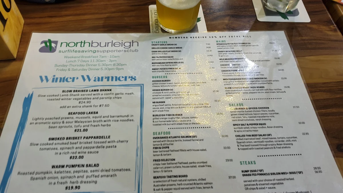 Menu, North Burleigh Surf Life Saving Supporters Club