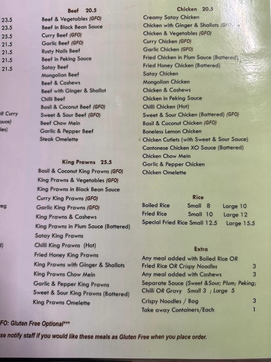 Menu, Wan Wah Chinese Restaurant
