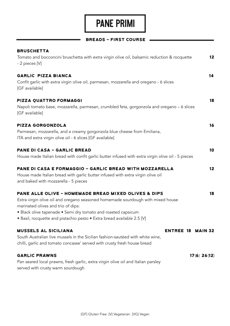 Menu, All' Antica