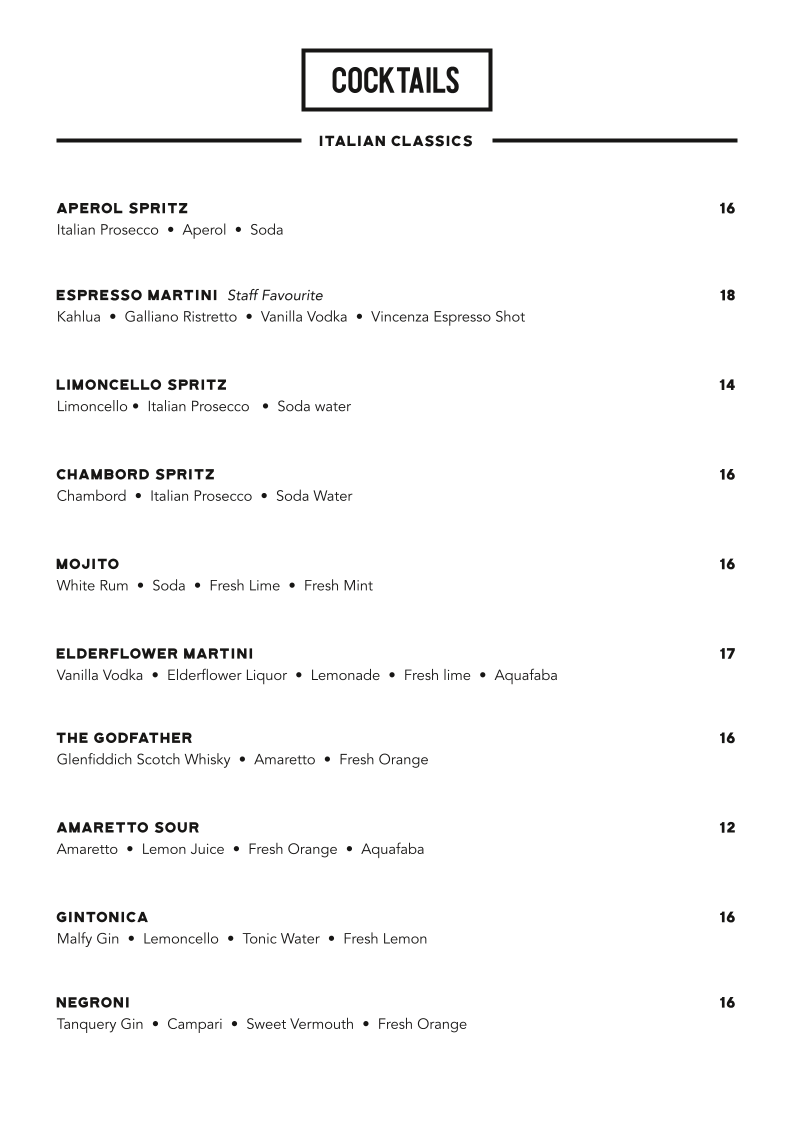Menu, All' Antica