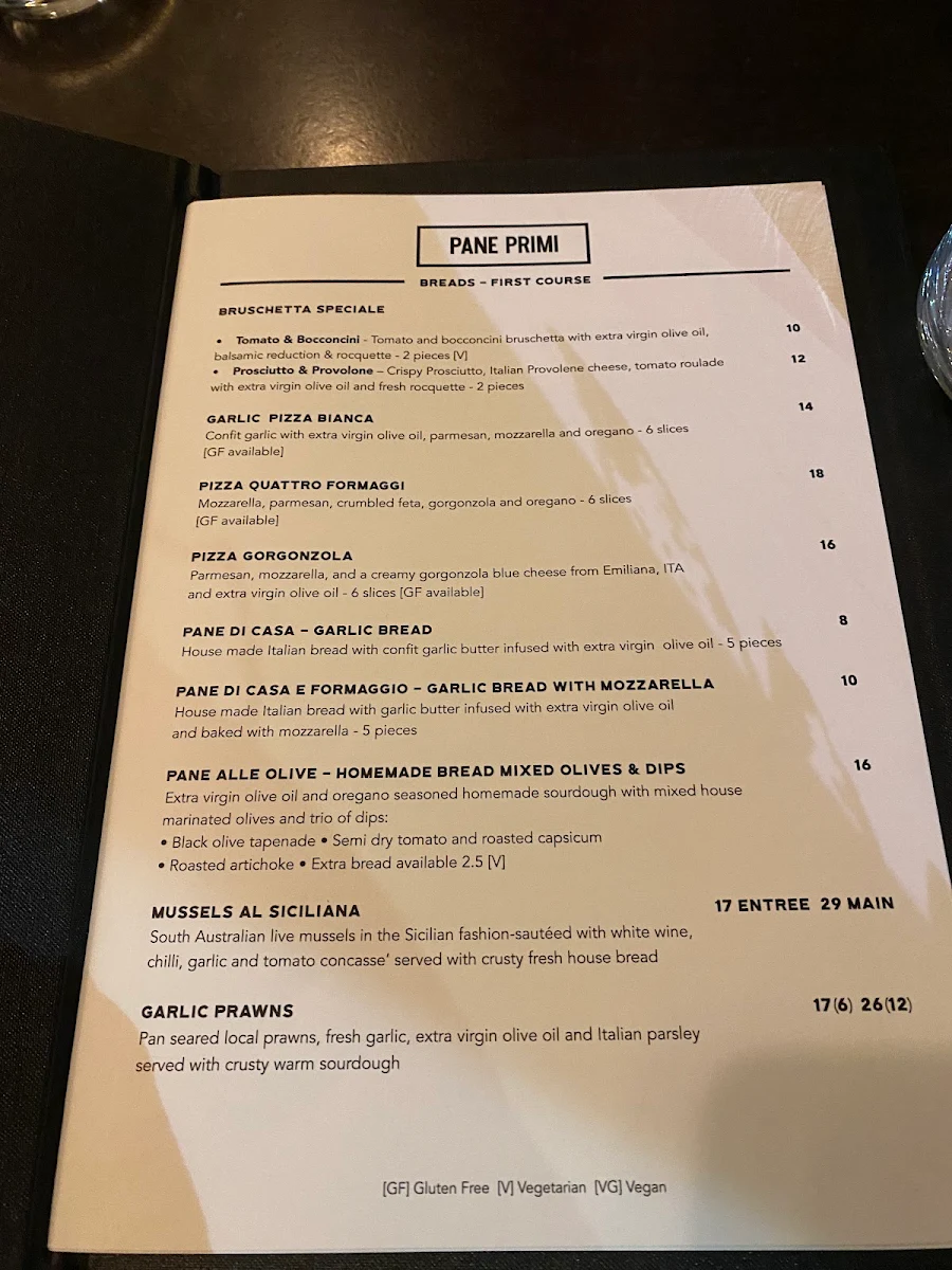 Menu, All' Antica