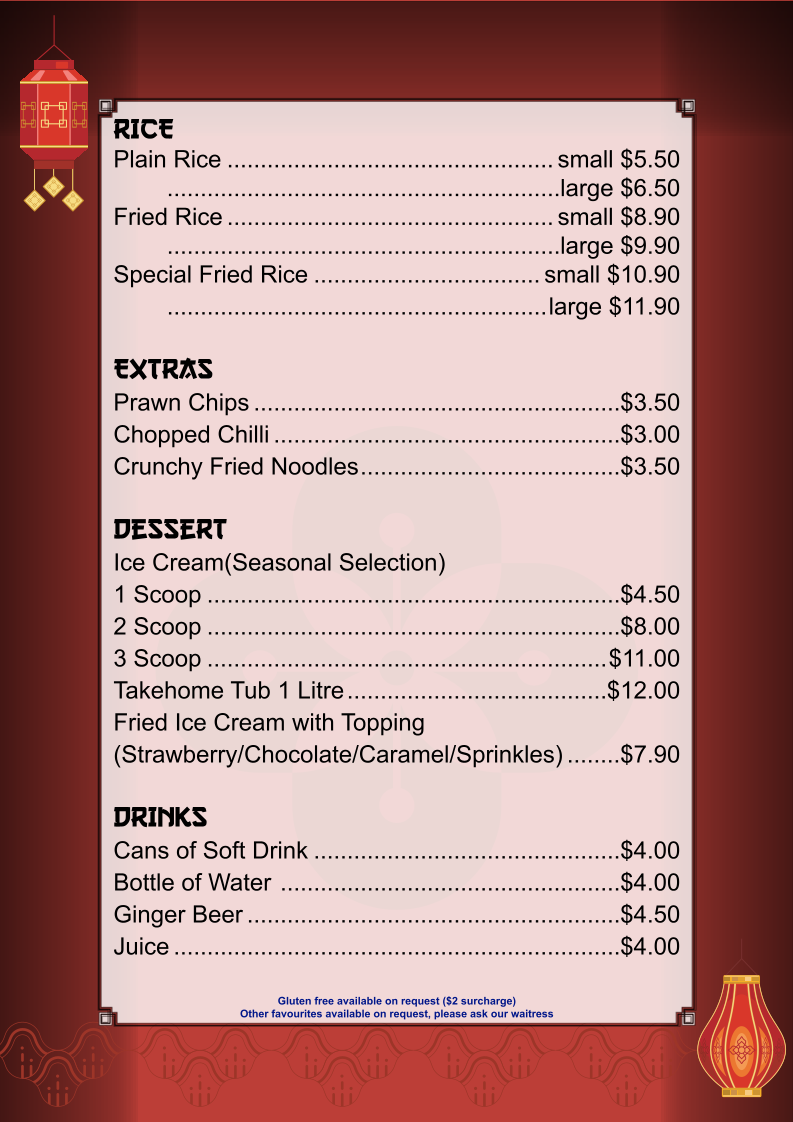 Menu, Gold Medal Chinese Restaurant Forster