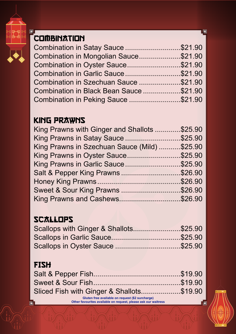 Menu, Gold Medal Chinese Restaurant Forster