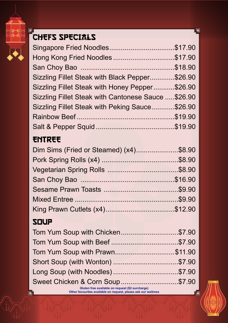 Menu, Gold Medal Chinese Restaurant Forster
