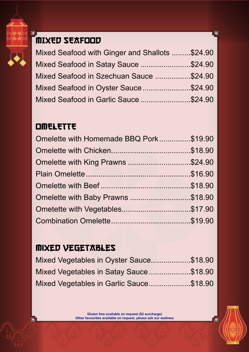 Menu, Gold Medal Chinese Restaurant Forster
