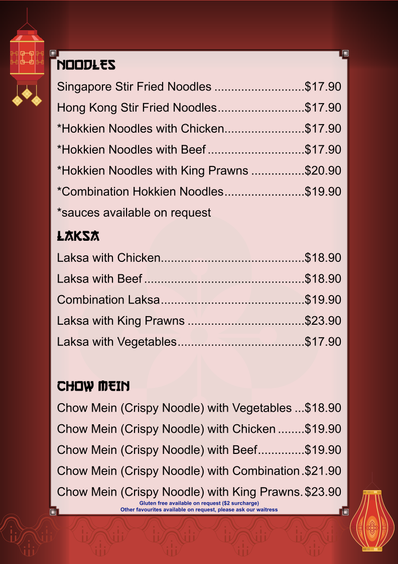 Menu, Gold Medal Chinese Restaurant Forster