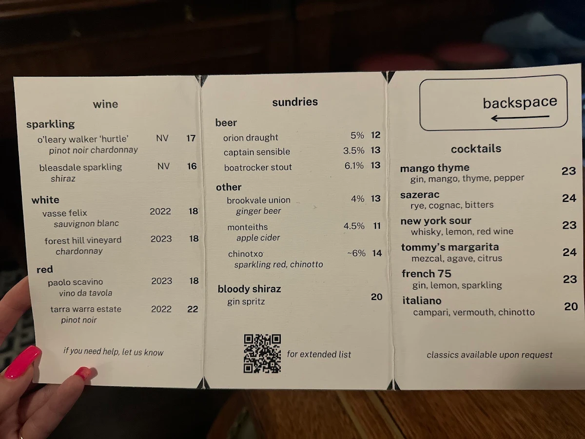 Menu, Backspace