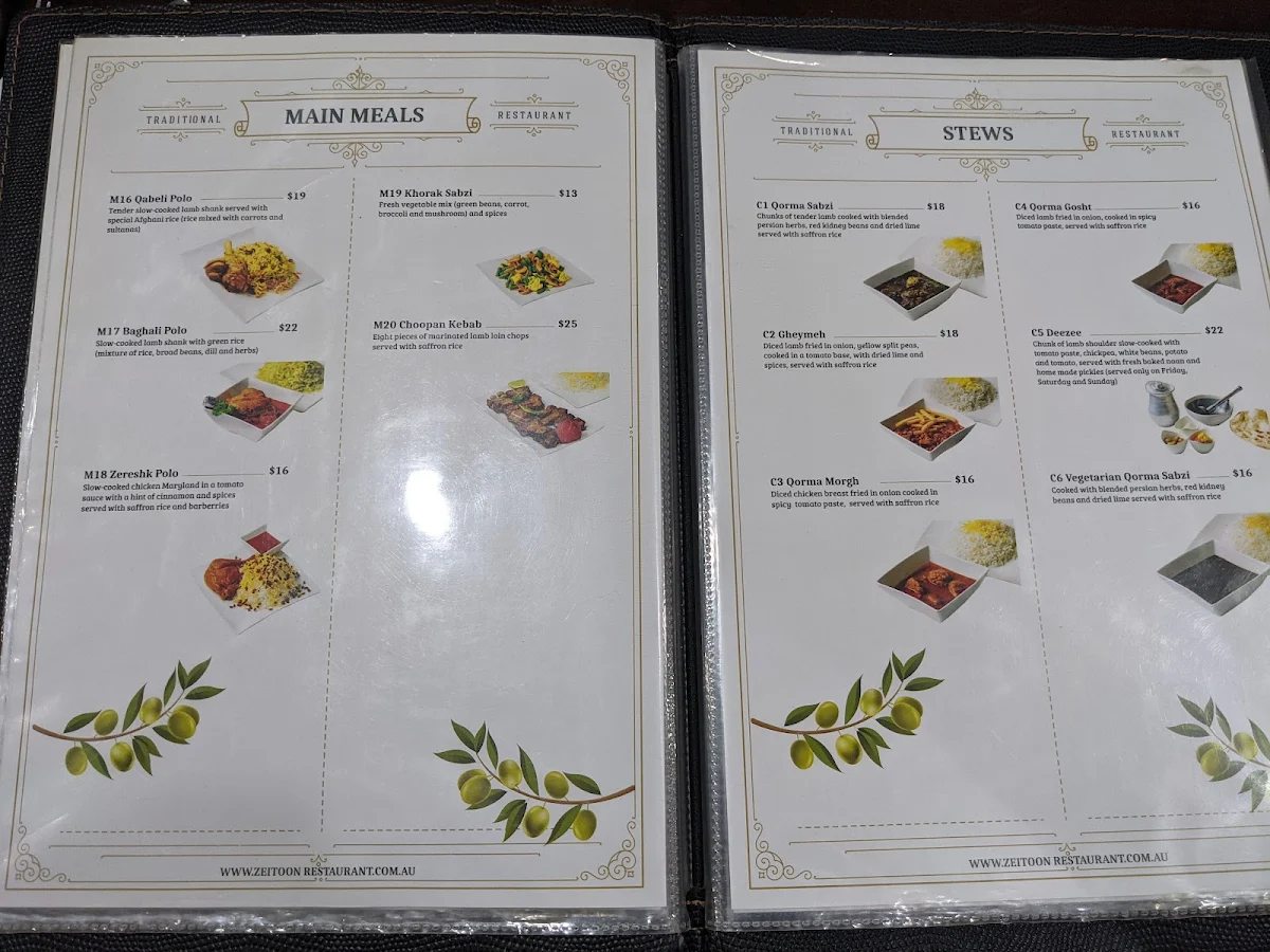 Menu, Zeitoon Restaurant