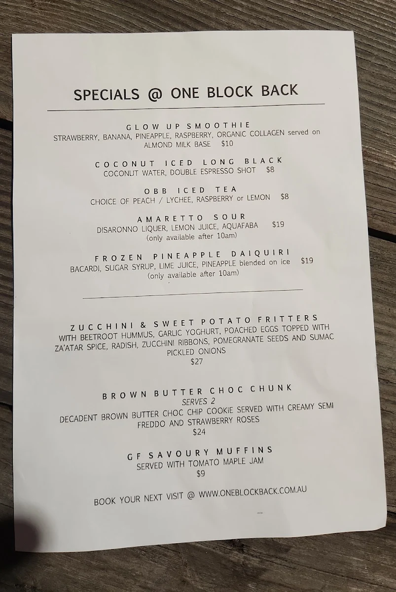 Menu, One Block Back