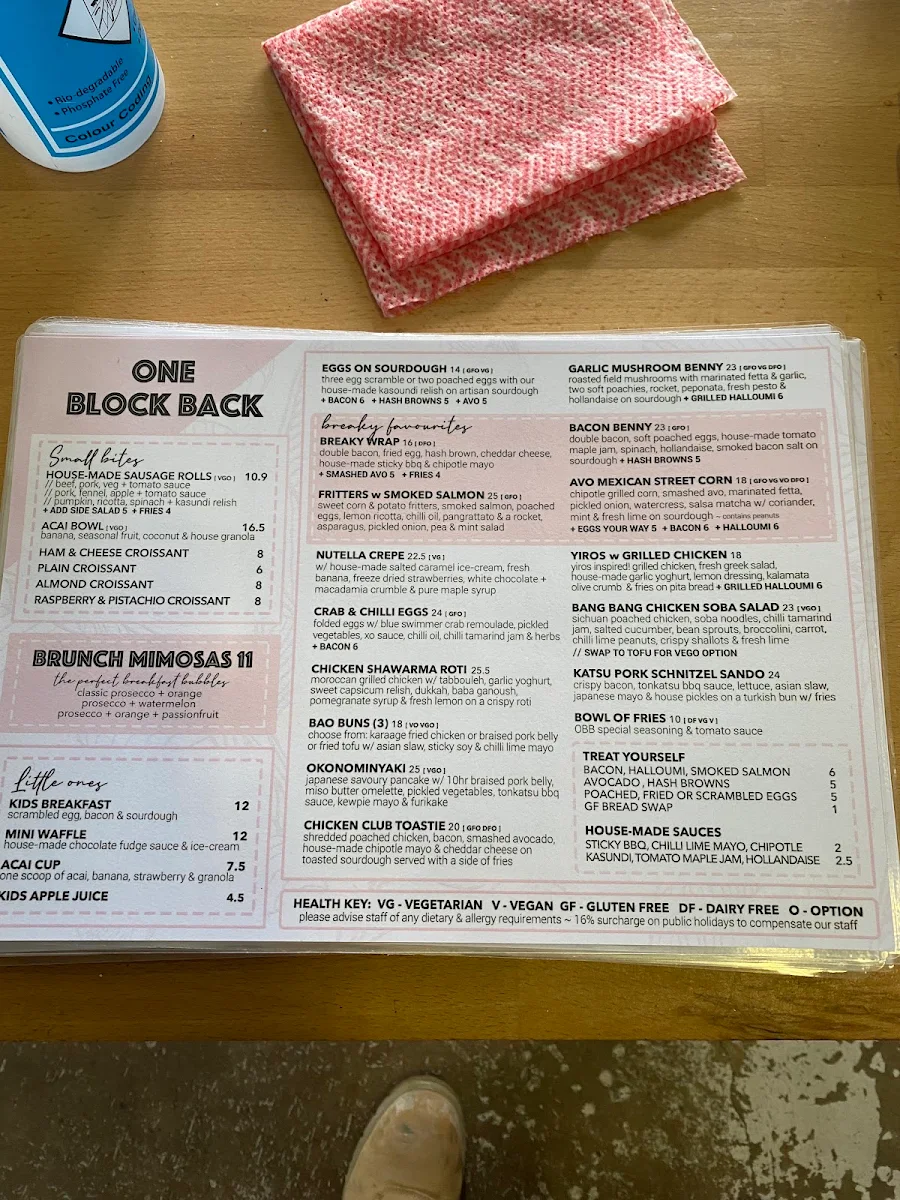 Menu, One Block Back