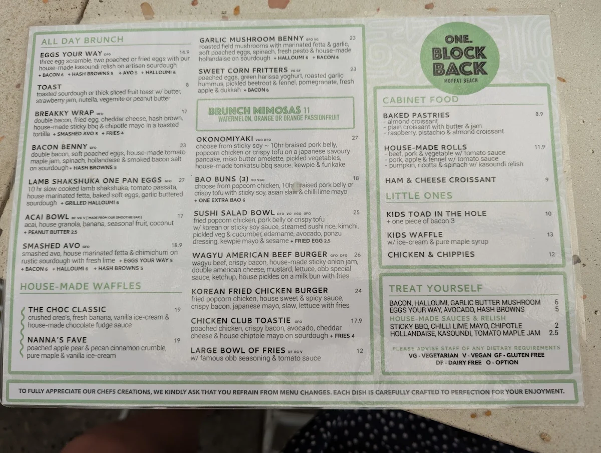 Menu, One Block Back