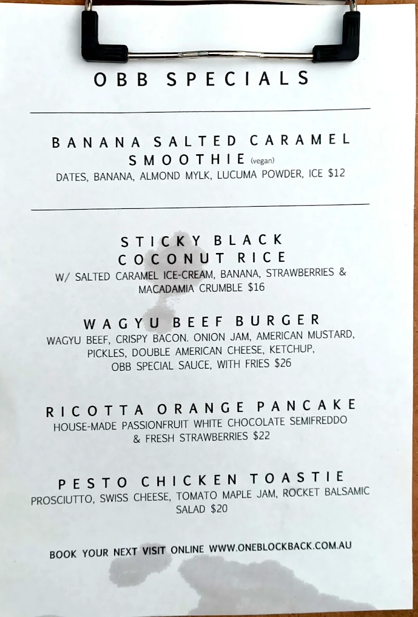 Menu, One Block Back